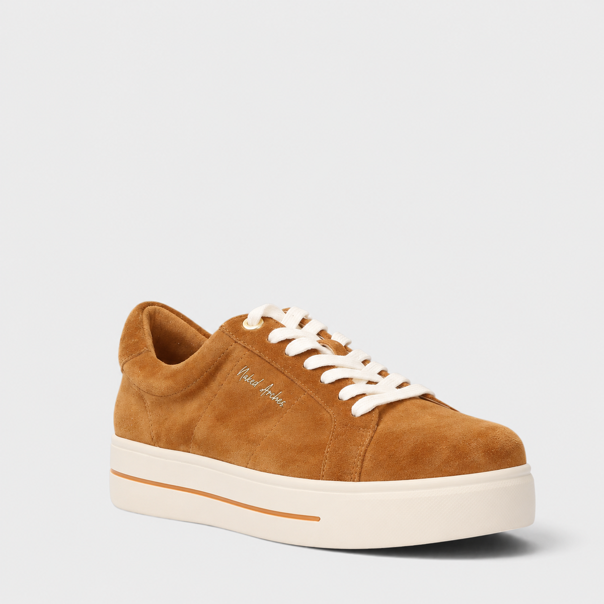 Naked Arches Azelia Butterscotch sneakers featuring a tan and beige color scheme with stylish lace-up design.