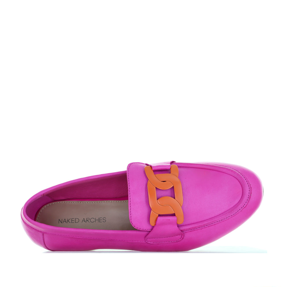 Naked Arches Japanese Fuchsia Orange loafers with a vibrant pink and orange design, featuring a slip-on style and textured sole.