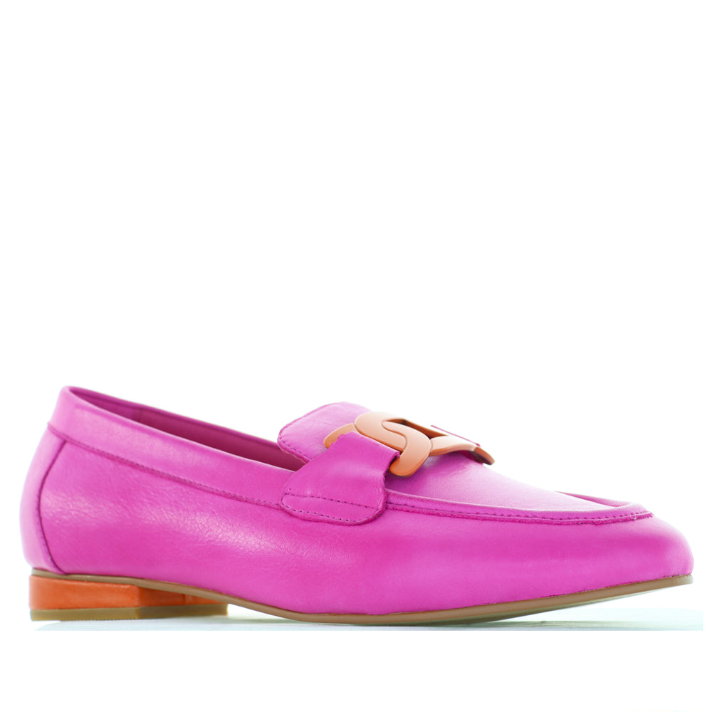 Naked Arches Japanese Fuchsia Orange loafers with vibrant color and sleek design, displayed on a neutral background.