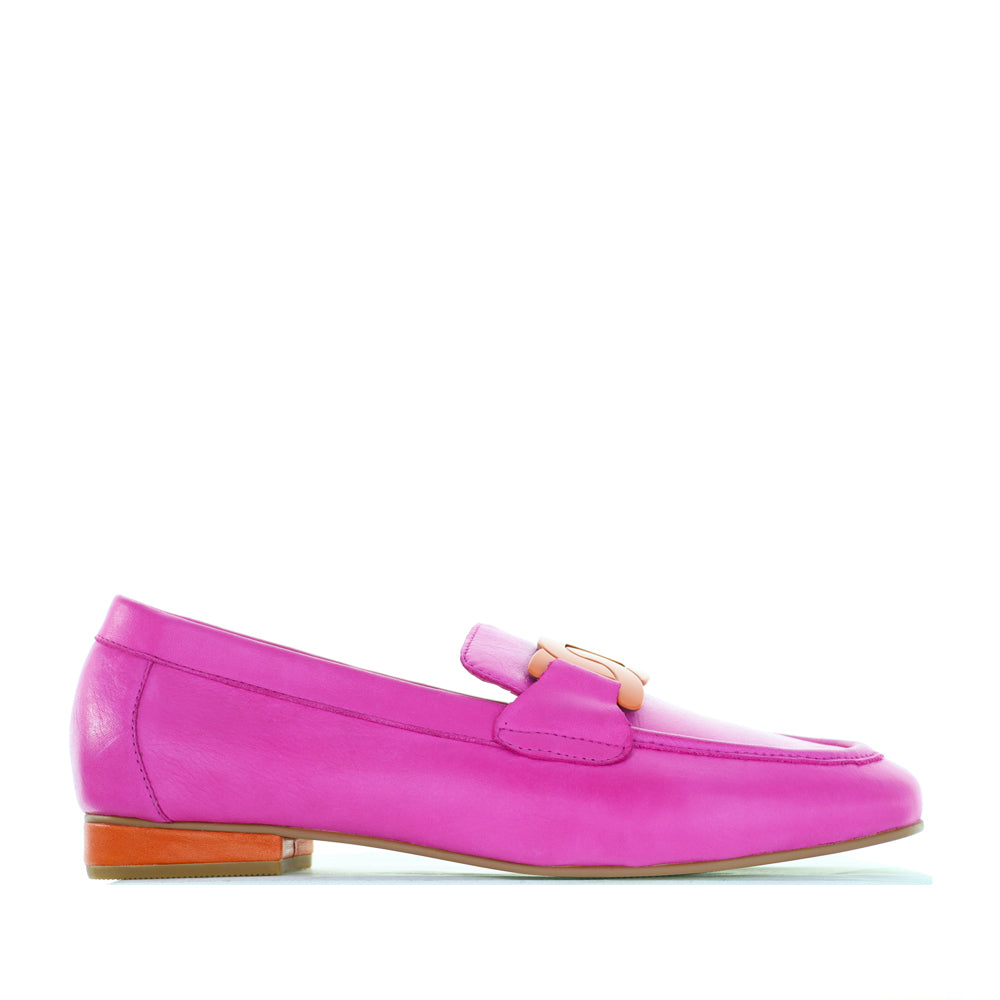 Naked Arches Jap Fuchsia Orange loafers with vibrant pink and orange hues, featuring a sleek slip-on design and textured finish.