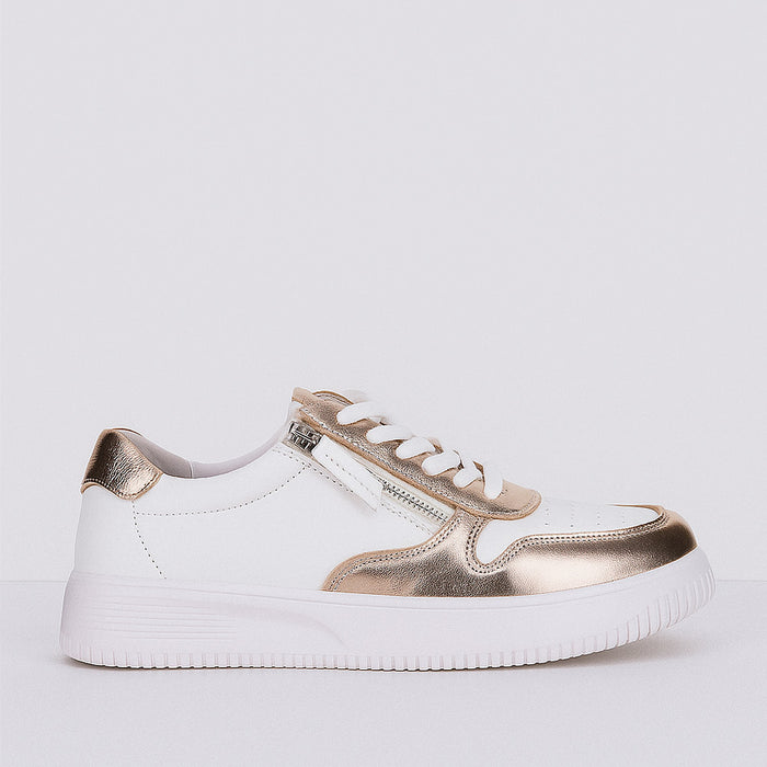 NAKED ARCHES net white sneakers with rose gold accents, stylish and breathable athletic shoes for everyday wear.