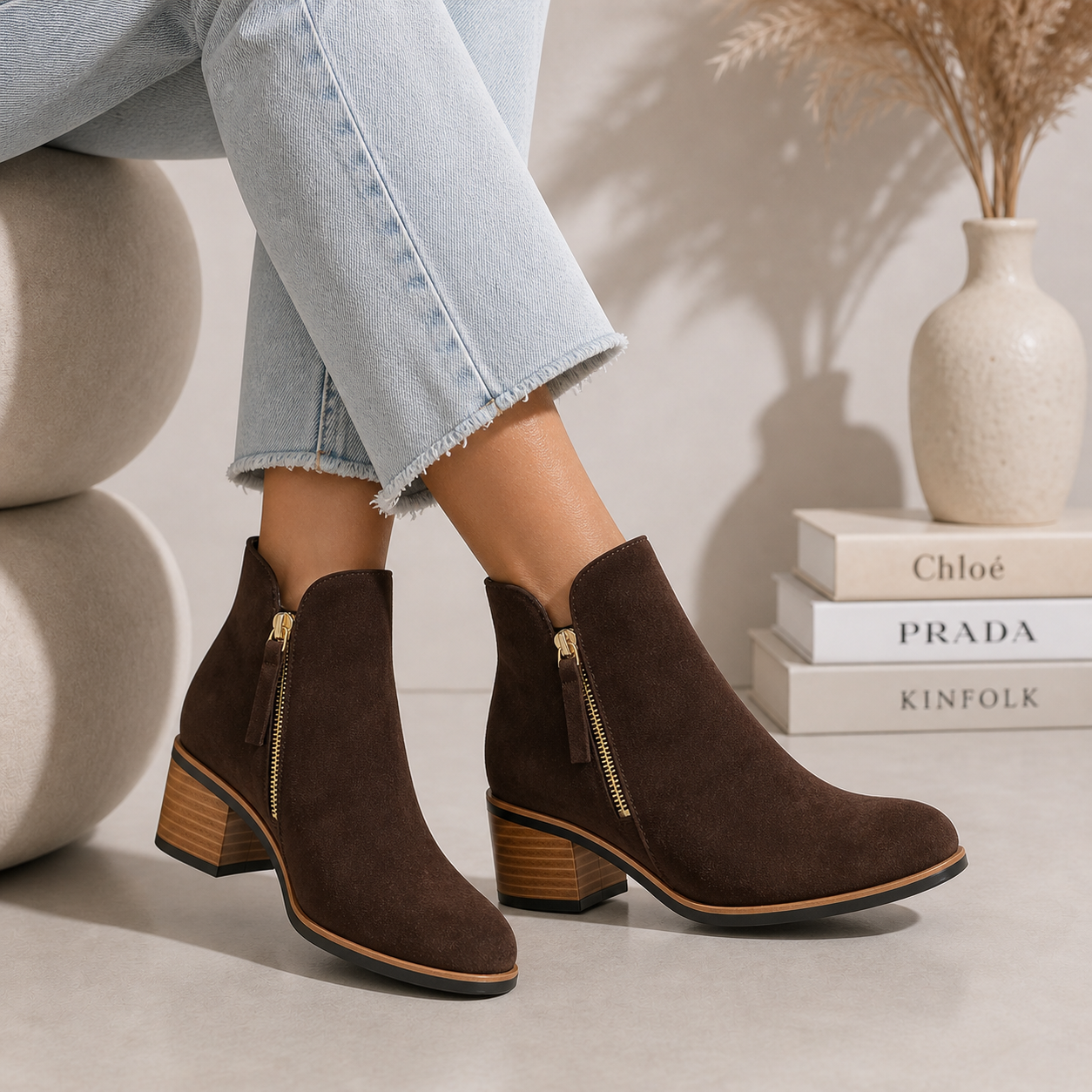 Naked Arches Oxley chocolate suede boots with sleek design and stitching detail, stylish footwear for casual or formal wear.