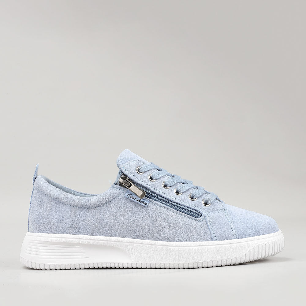 Naked Arches Nelly Denim sneakers with blue denim and suede accents, side view highlighting stylish casual footwear.
