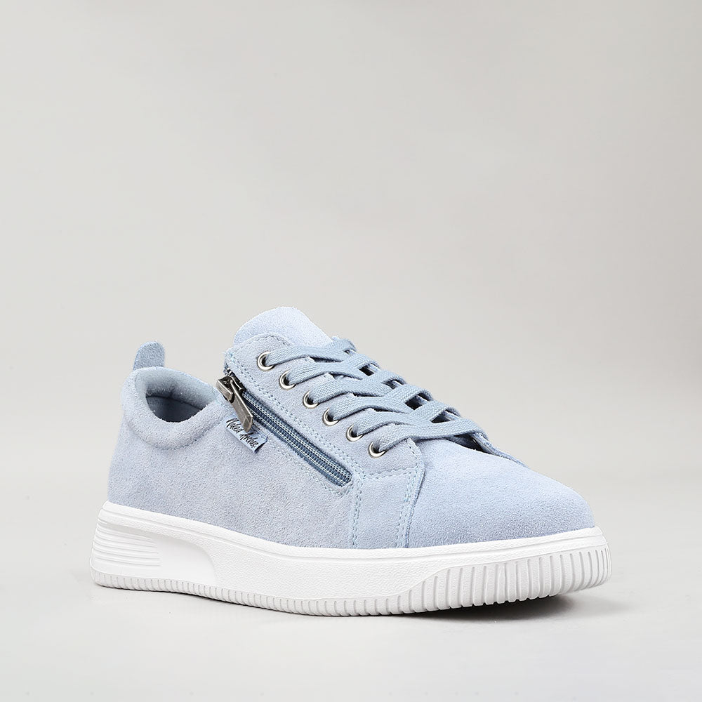 Naked Arches Nelly Denim sneakers with light blue denim and suede details, casual slip-on shoes for everyday wear.