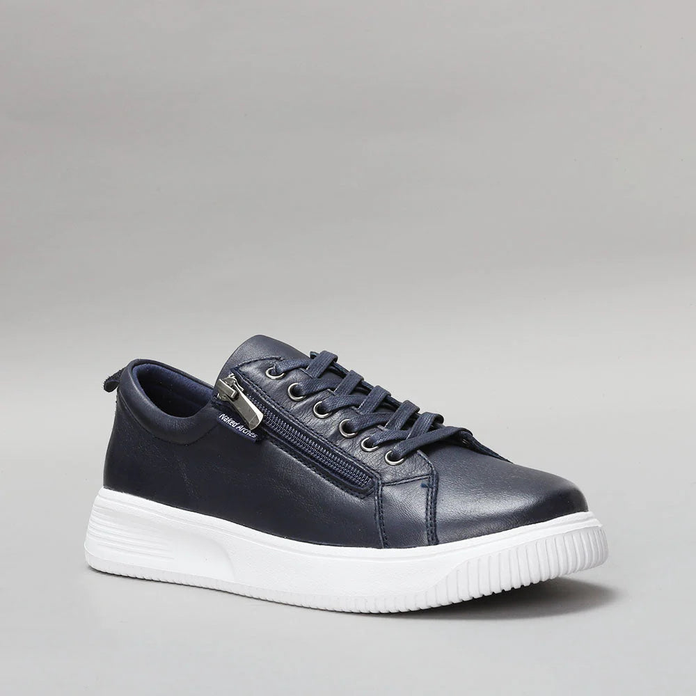 Naked Arches Nelly Navy sneakers with navy blue and white design, lace-up front, and casual athletic style.