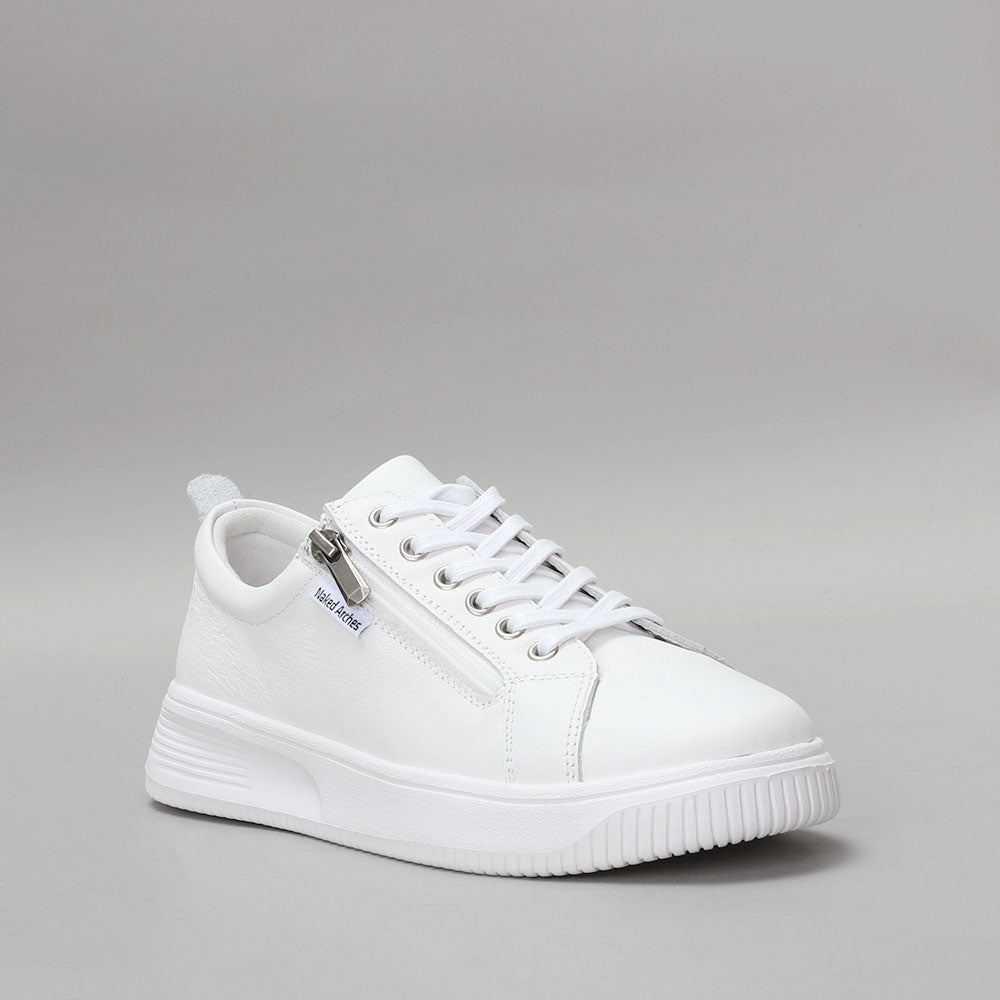 Naked Arches Nelly white sneakers with sleek design and white laces, displayed on a neutral background.