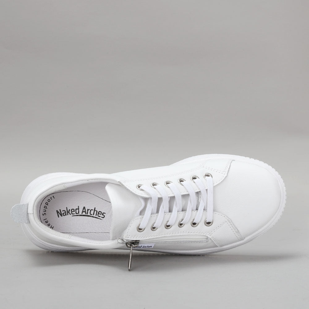 Naked Arches Nelly White sneakers featuring clean white design, cushioned soles, and stylish casual footwear for women.