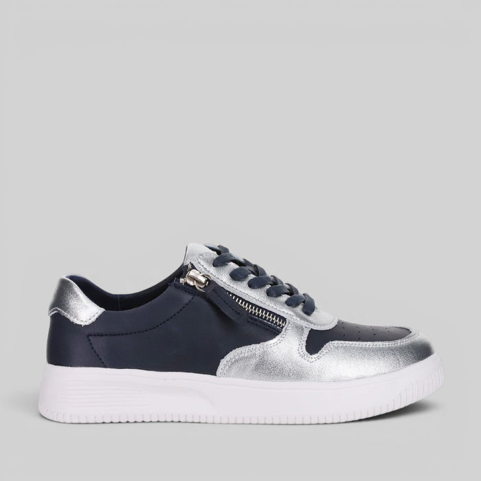 Naked Arches net navy silver sneakers with side view showcasing breathable mesh upper and sleek athletic design