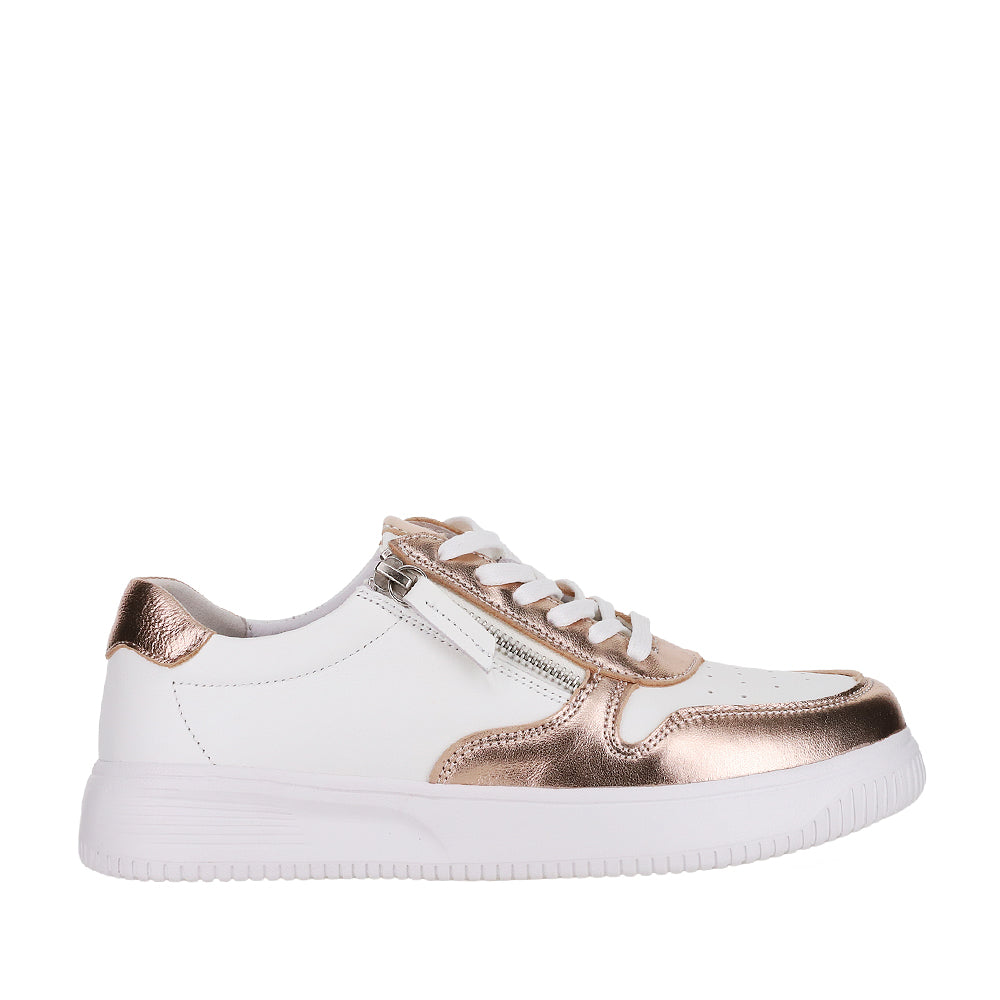Naked Arches sneakers in white with rose gold accents, featuring a sleek design and side view of the NAKED ARCHES NET WHITE ROSEGOLD shoes.