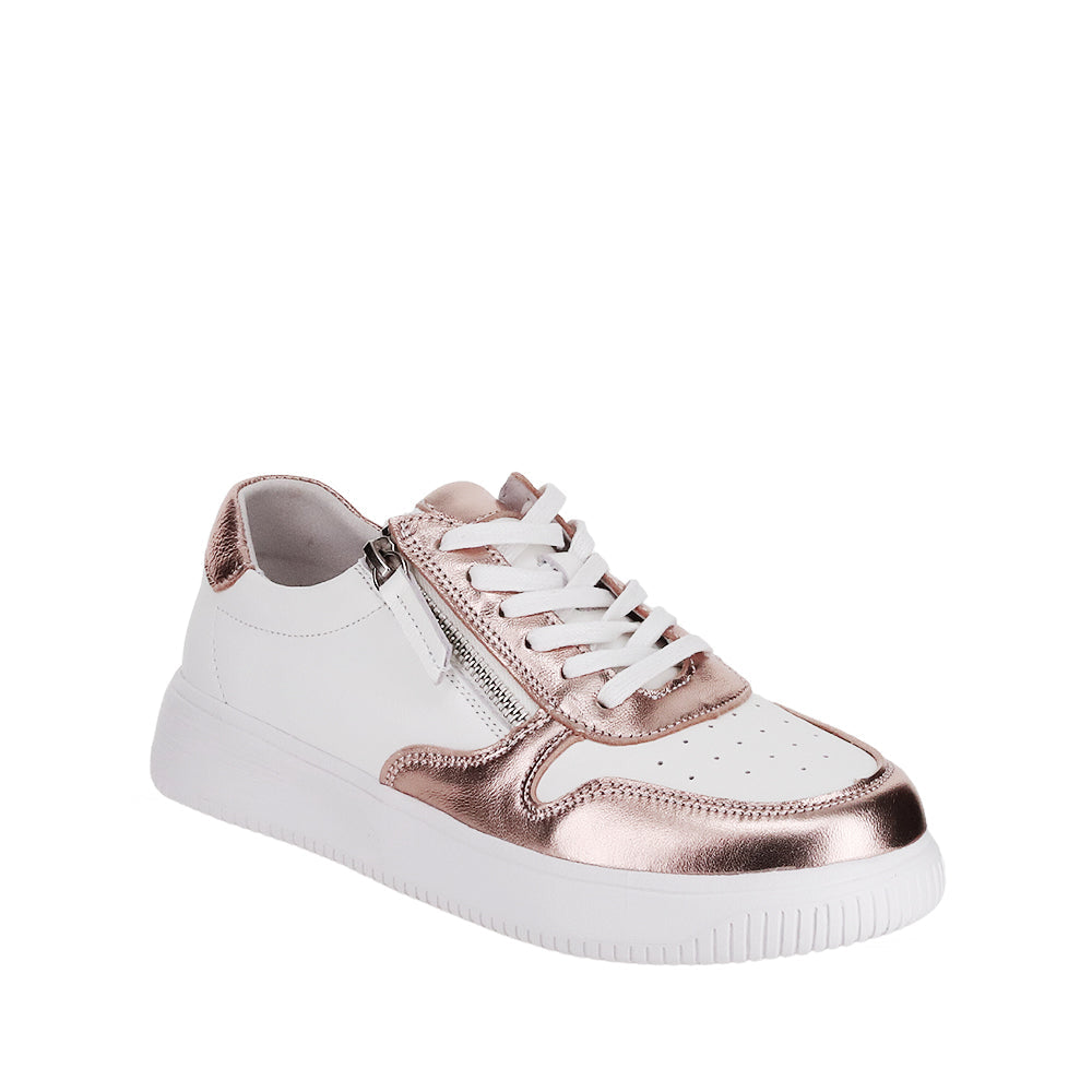 Naked Arches white rose gold sneakers with sleek design and mesh detailing, showcasing modern athletic footwear.
