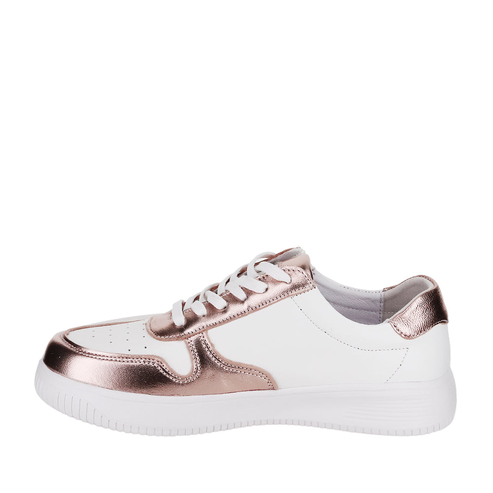 Naked Arches white sneakers with rose gold accents, featuring a sleek design and breathable mesh material.