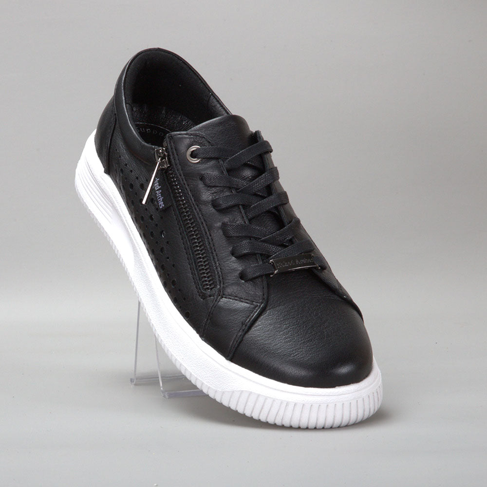 Naked Arches Noble Black sneakers with black and white design, featuring sleek leather and modern athletic style.
