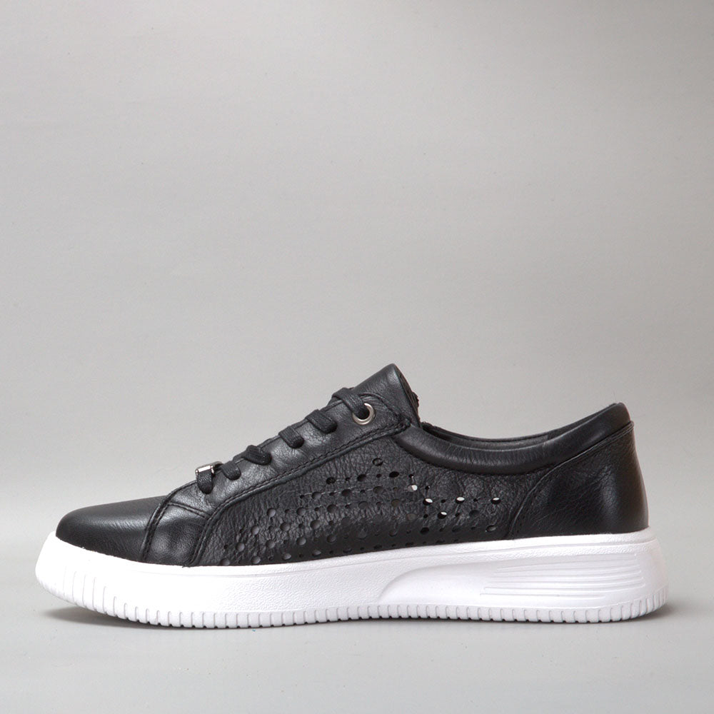 Naked Arches Noble Black sneakers with sleek black design, laced-up style, and minimalist look on a plain background.
