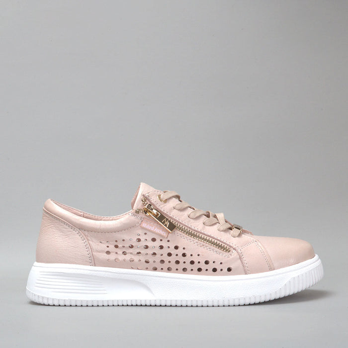 NAKED ARCHES Noble Blush sneakers showing side view with blush pink and beige tones, casual slip-on design, and textured sole.