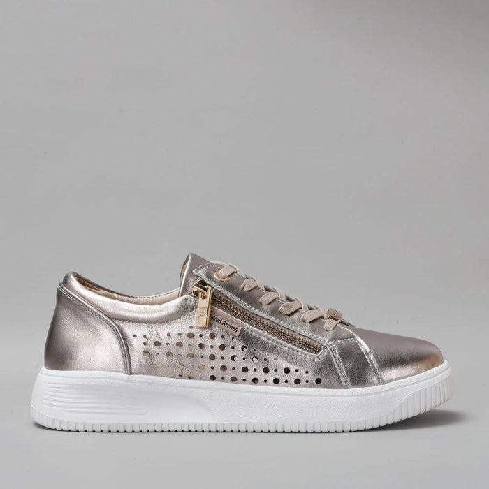 Naked Arches Noble Champagne sneakers showing side view with beige and champagne tones, stylish casual footwear.