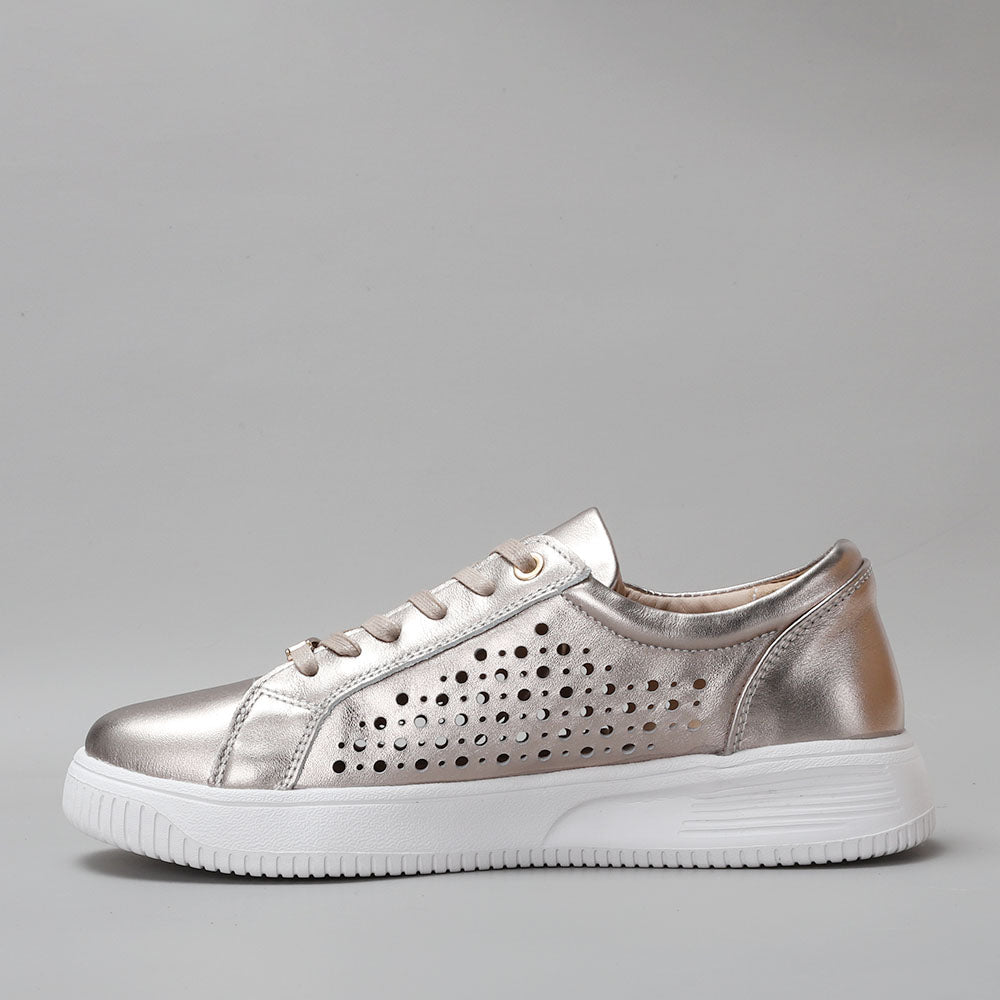 Naked Arches Noble Champagne sneakers with beige and champagne tones, lace-up design, and stylish casual footwear.