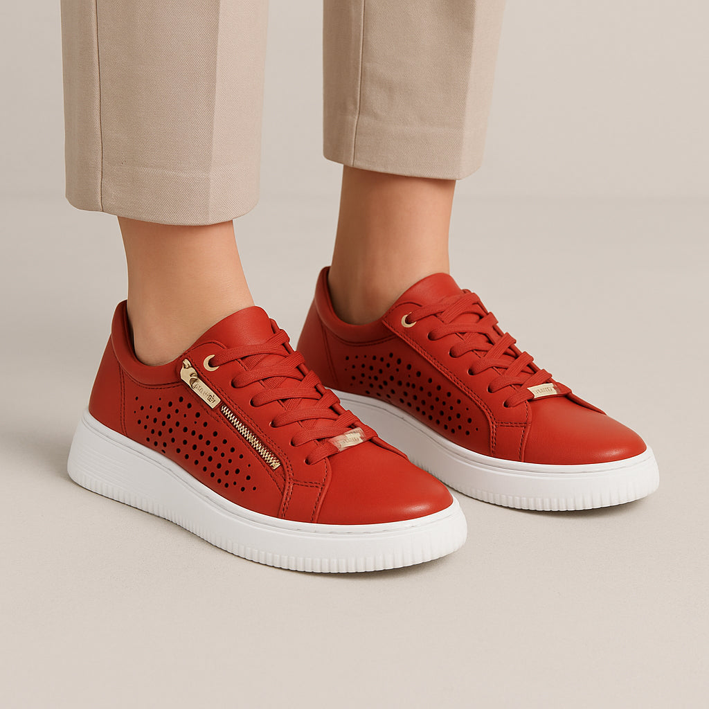 Naked Arches Noble Red sneakers featuring a sleek red and white design with comfortable lacing and stylish athletic look.