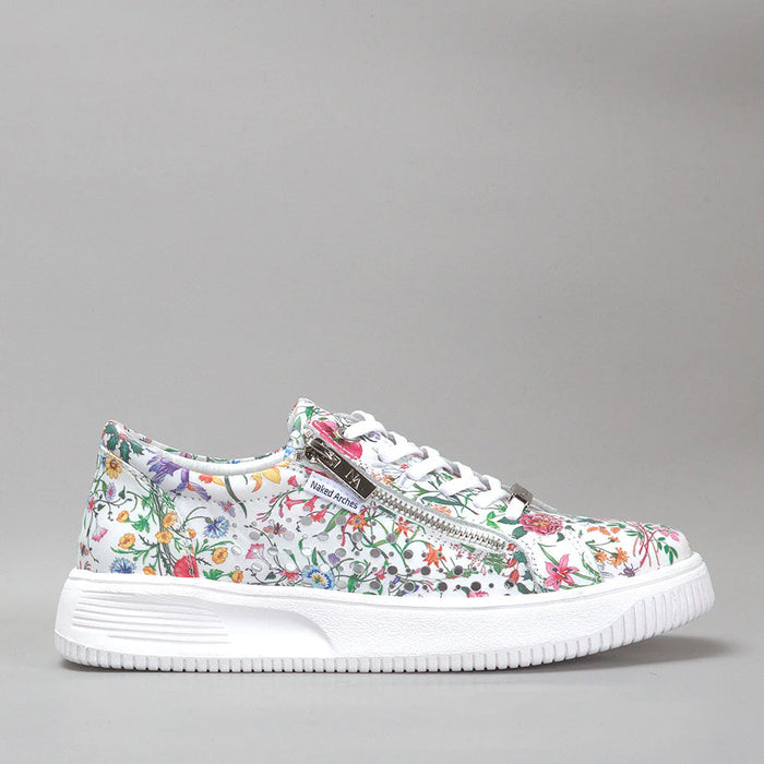 Naked Arches Noble White Floral sneakers with white background and floral print on the side for stylish casual wear.