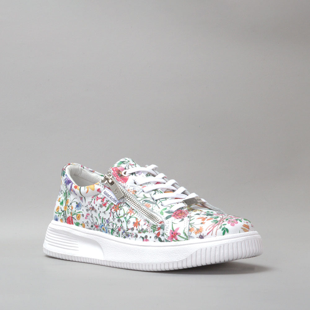 Naked Arches Noble White Floral sneakers with white background and floral print, showcasing the stylish design and comfortable fit.