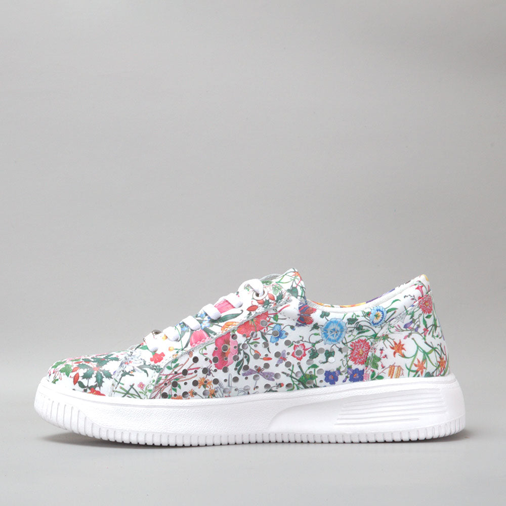 Naked Arches Noble White Floral sneakers with white background and floral print detail.
