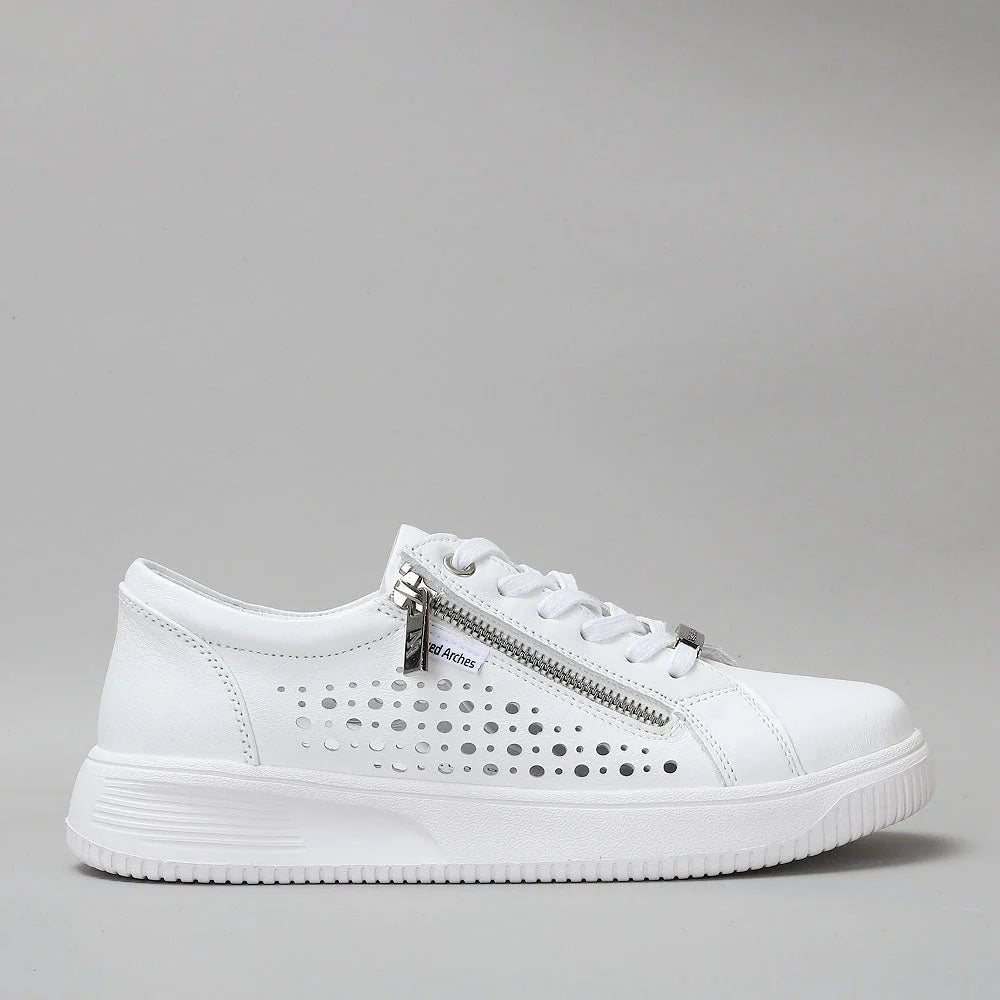 Naked Arches Noble White sneakers with clean white design and sleek side profile, showcasing casual athletic footwear style.