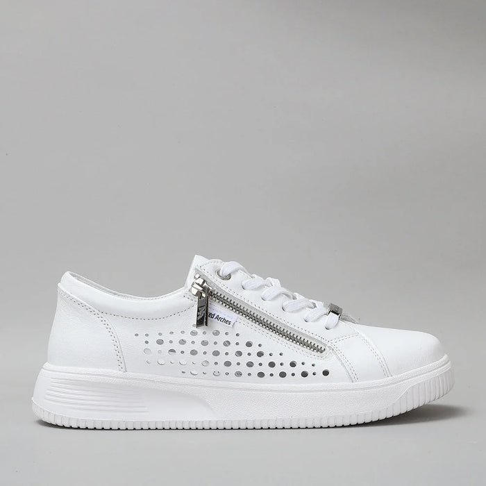 Naked Arches Noble White sneakers with clean white uppers and sleek design, side view showcasing modern athletic style.
