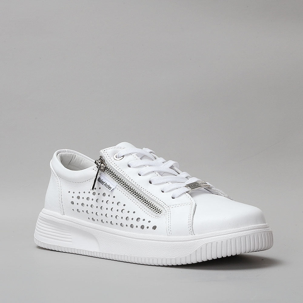 Naked Arches Noble White sneakers with clean white design and subtle branding, shown from a side angle.