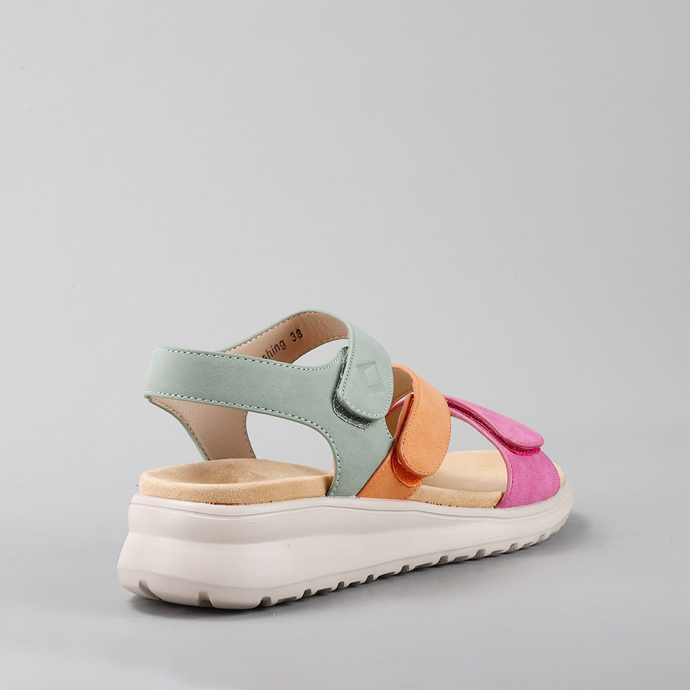 CC Resorts Pershing sandals in fuchsia, tan, and sage featuring comfortable straps and stylish design.