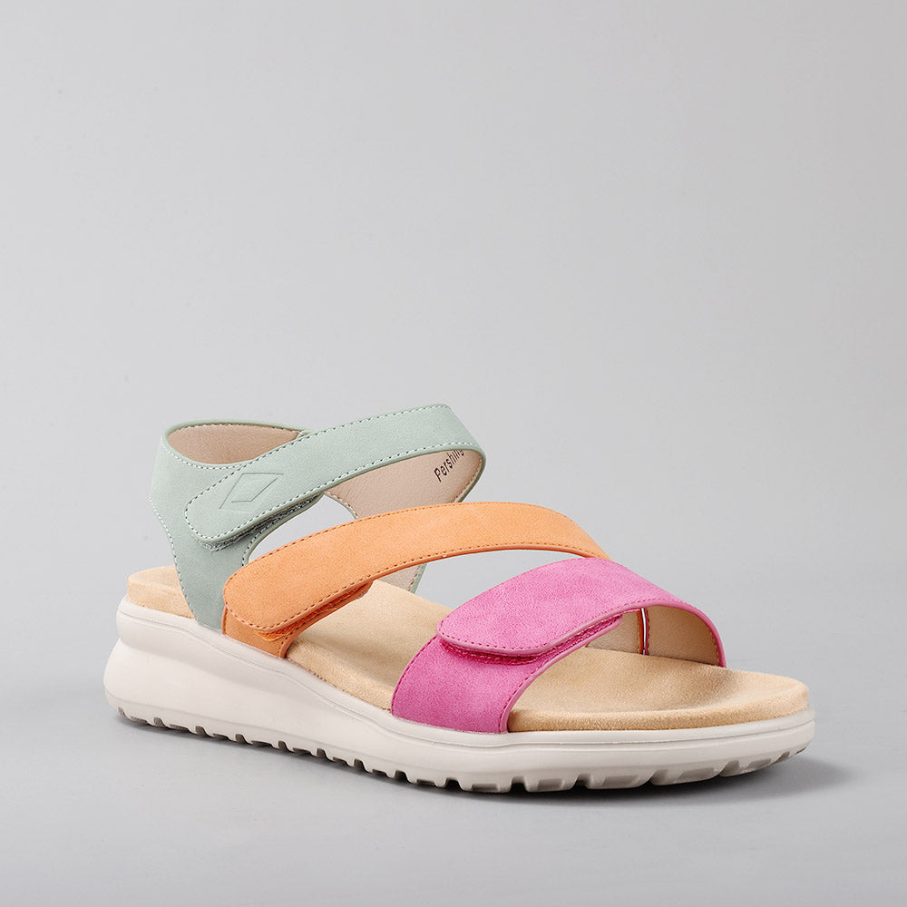 CC Resorts Pershing sandals in fuchsia, tan, and sage with woven straps, perfect for casual summer wear.