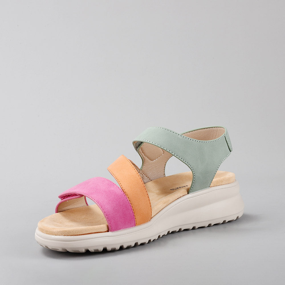 CC Resorts Pershing sandals in fuchsia, tan, and sage with a southwestern design, featuring straps and open-toe style.