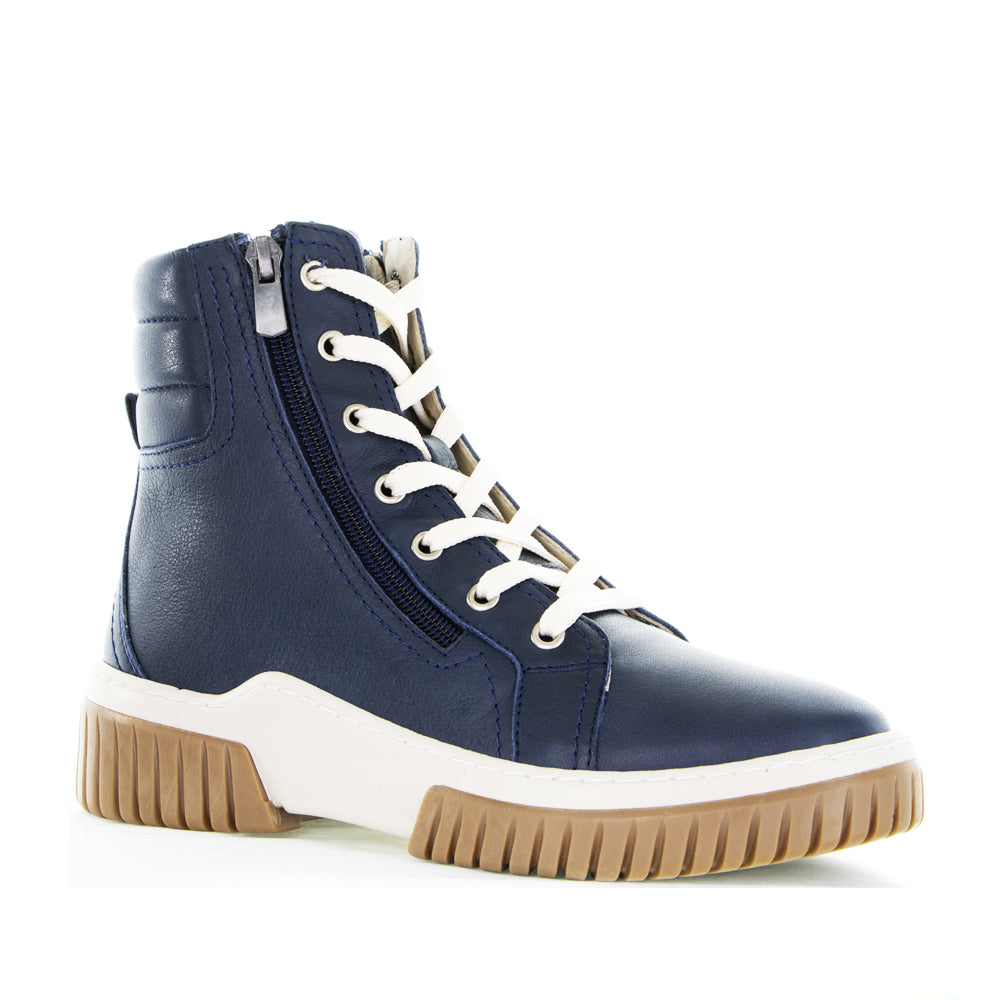 CABELLO Petra navy boots with ankle-high design, rounded toe, and sturdy sole, showcasing stylish navy leather footwear.