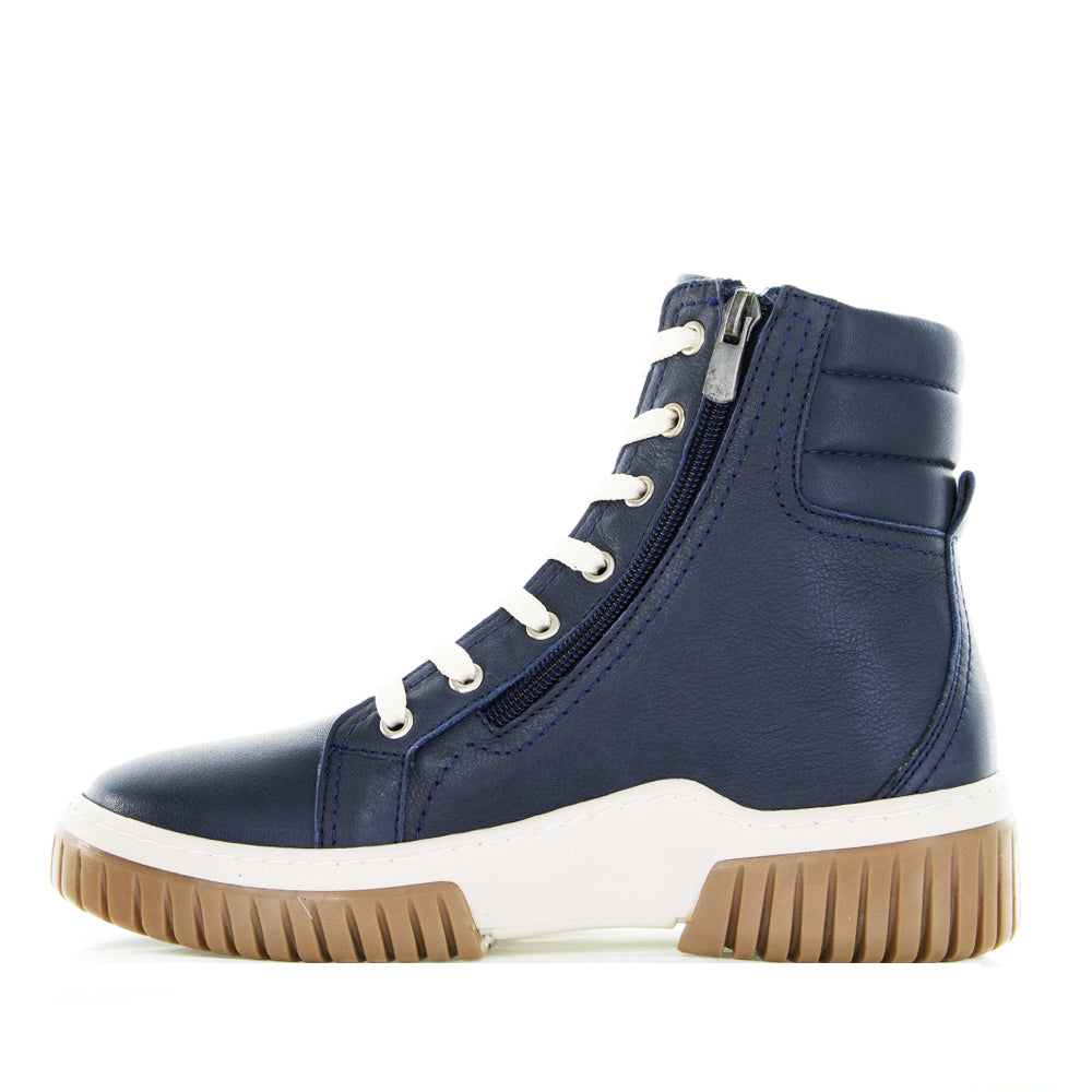 CABELLO Petra navy boots with round toe and low heel, featuring sleek navy leather and stylish stitching details.