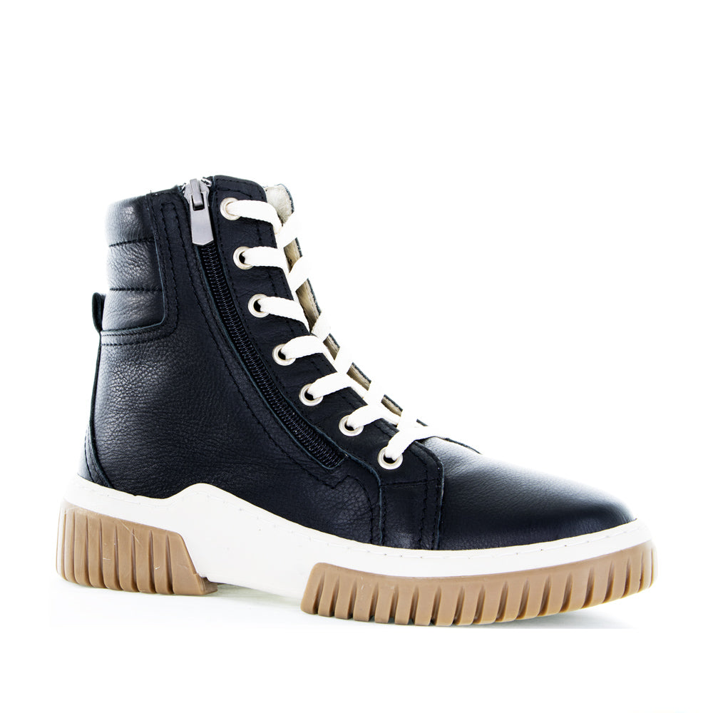 Black CABELLO Petra boots with sleek leather design and sturdy soles, shown from the front view.