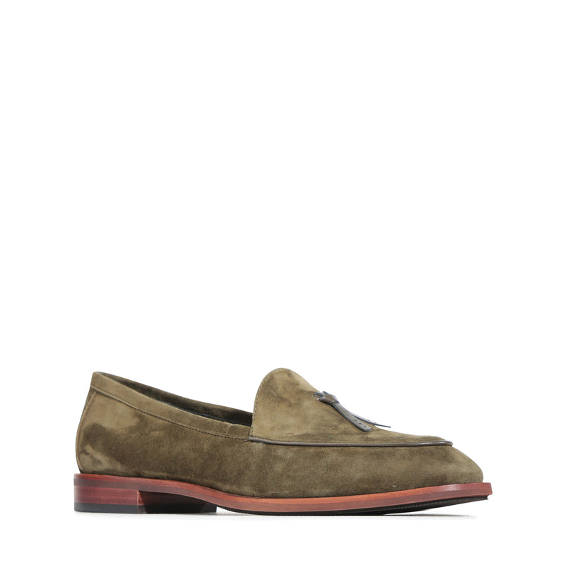 EOS Phea Oliva suede loafers featuring a classic slip-on design in olive green with a smooth finish.