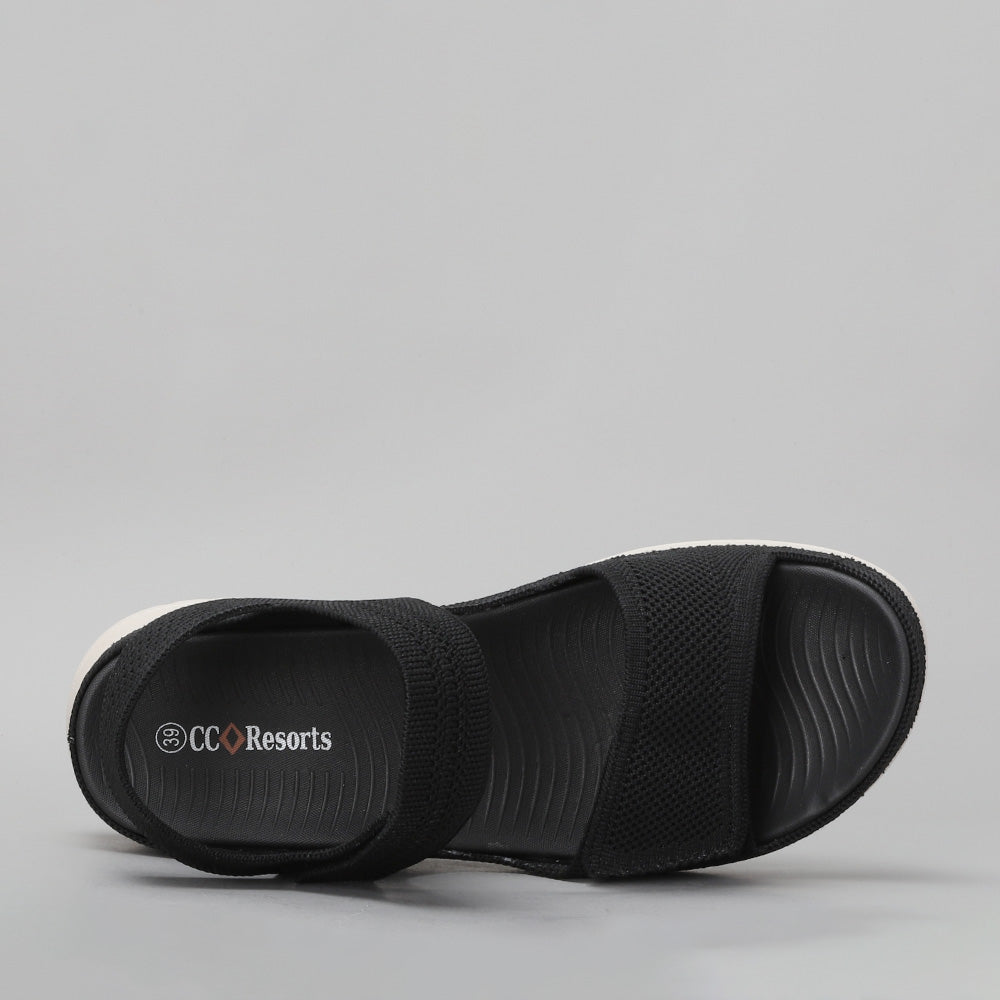 Black CC Resorts RAM sandals featuring a sleek strap design, shown from the top view.