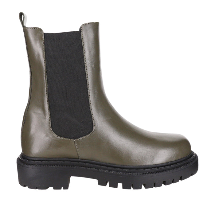 Le Sansa Rebecca Olive boots shown from the side, featuring ankle-length design and stylish olive green leather material.