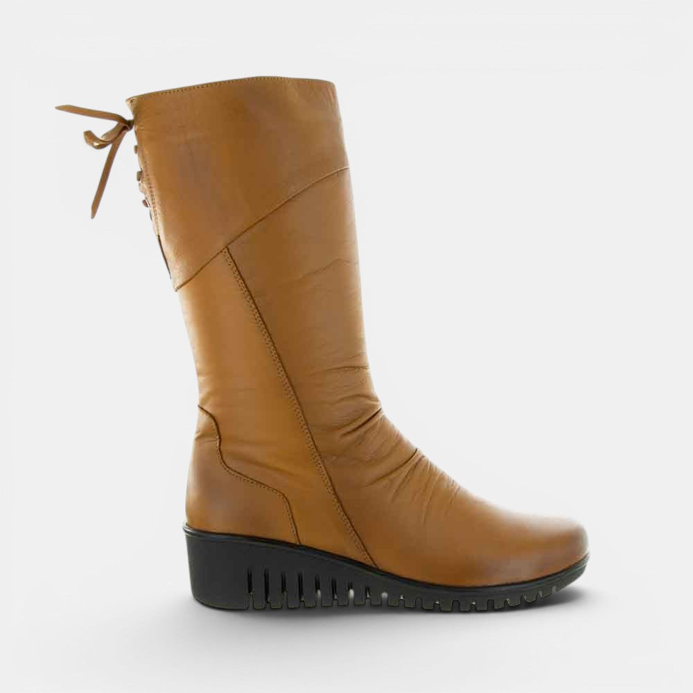 Cabello Elsie Tan boots with ankle-high design, tan leather material, stylish stitching, and a sturdy sole.