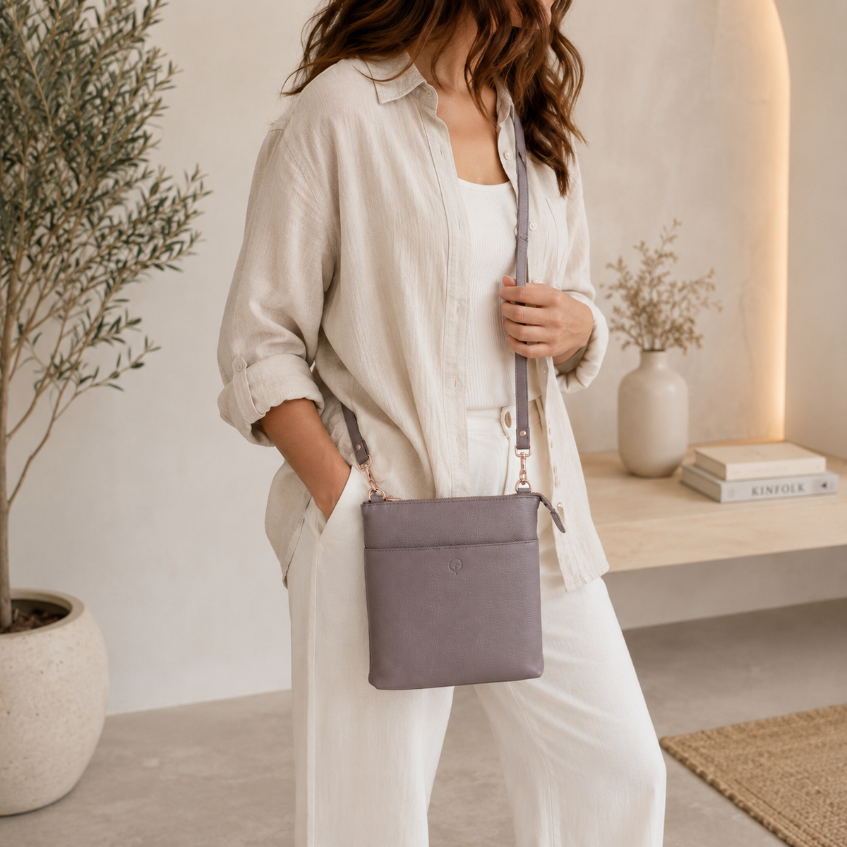 Second Nature grey handbag with structured design, top handles, and subtle logo accents, perfect for casual or formal outfits.