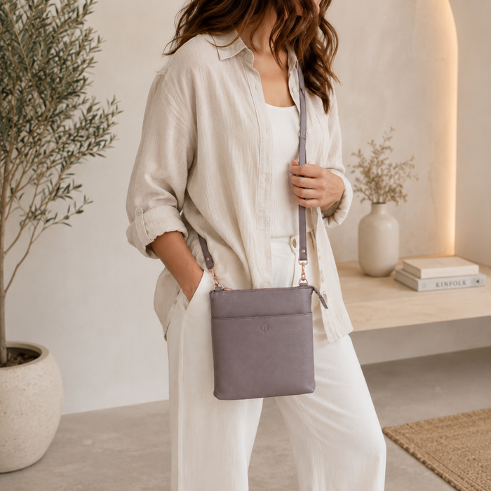Second Nature grey handbag with structured design, top handles, and subtle logo accents, perfect for casual or formal outfits.