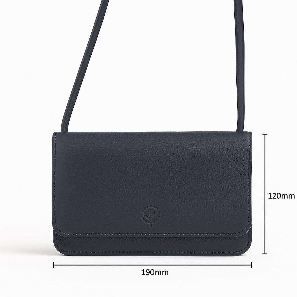Second Nature navy handbag with structured design, top handles, and subtle branding, perfect for everyday style.
