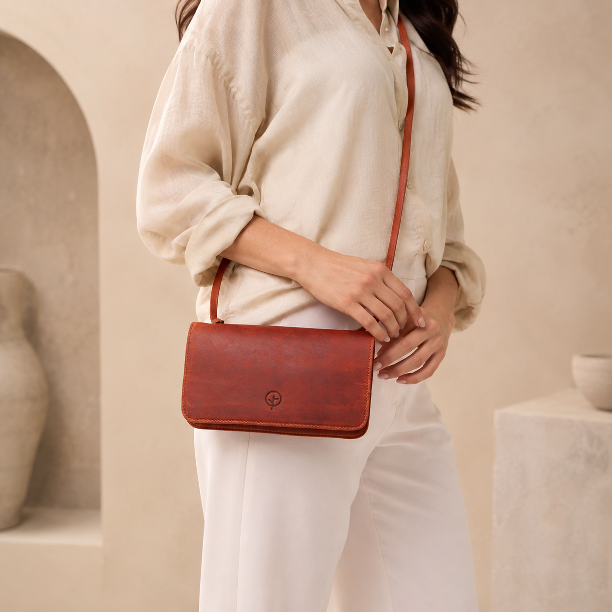 Second Nature CB4 tan handbag with structured design and top handles, showcasing a stylish and versatile accessory.