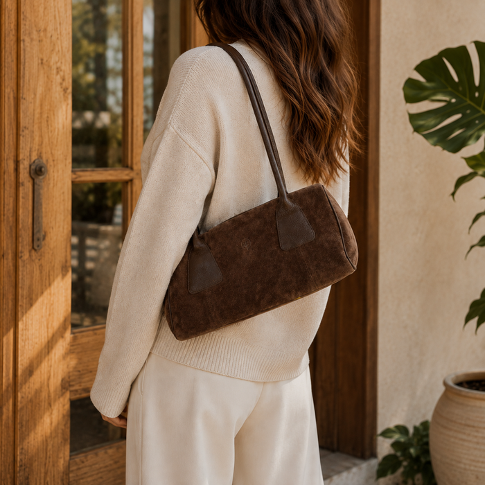Brown Second Nature handbag with sleek design and top handle, featuring a spacious interior and subtle branding.