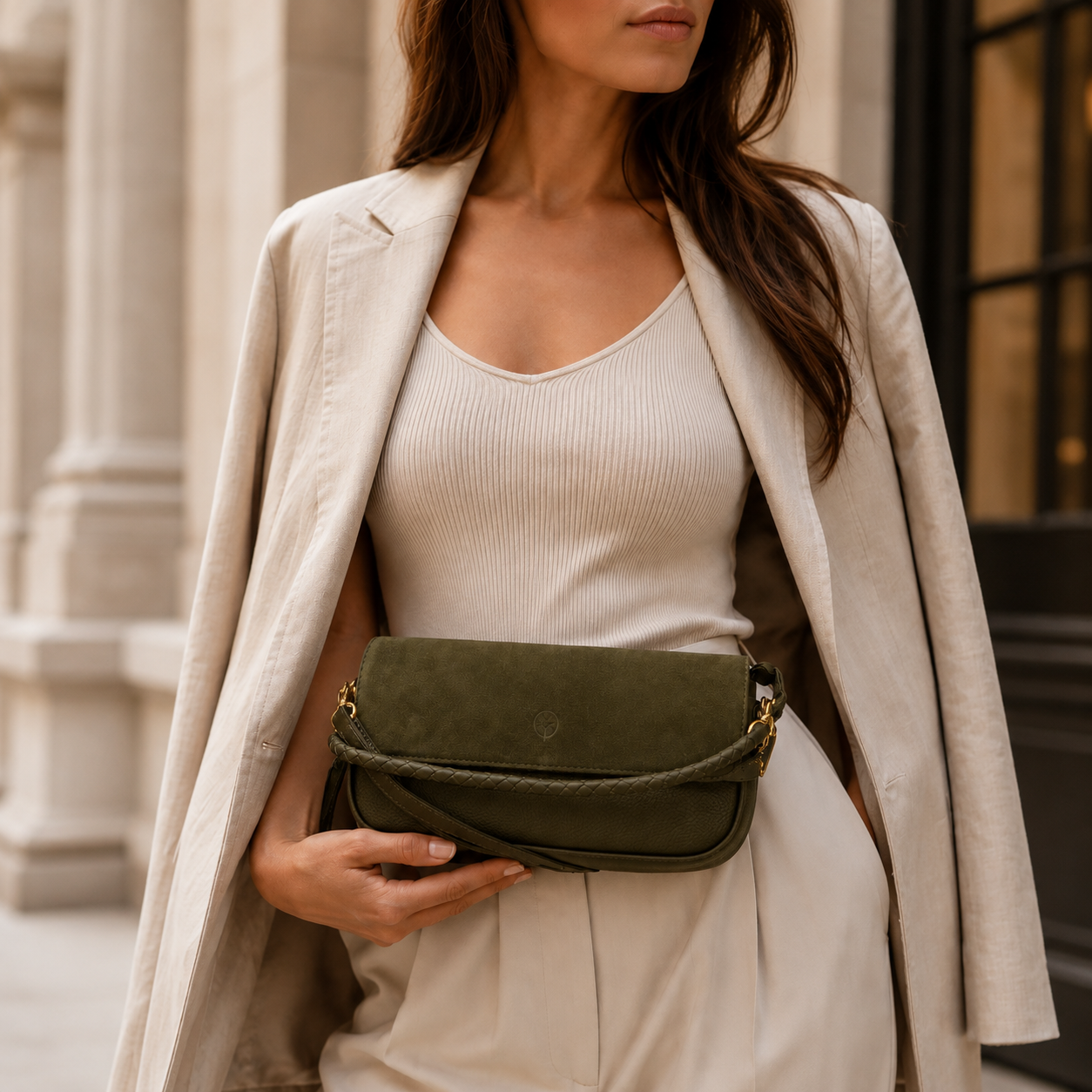 Olive green Second Nature handbag from the ST101 collection, featuring a stylish design and compact size for everyday use.