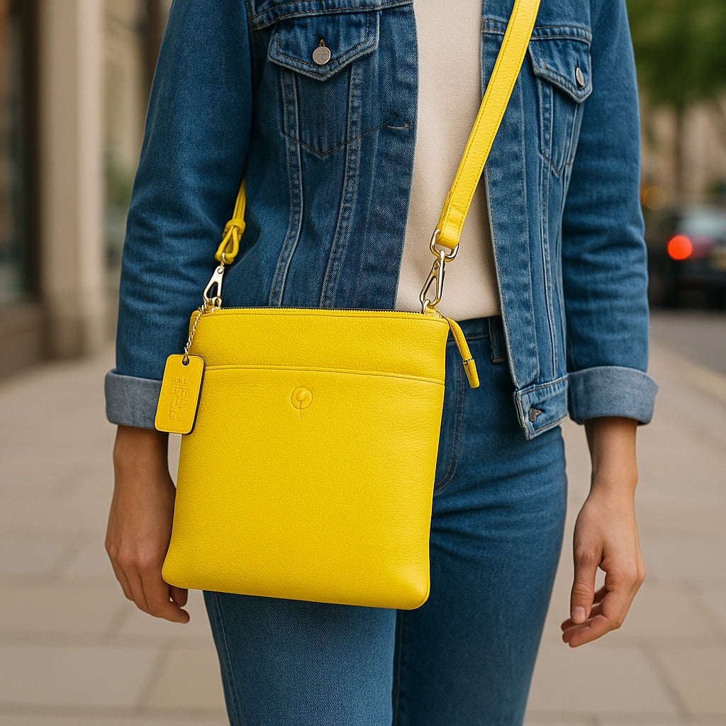 Second Nature Buttercup handbag with tan leather straps and woven body, stylish and versatile for everyday use.