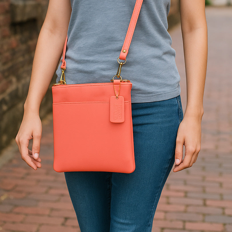 Second Nature Coral Flame handbag with stylish design, featuring a vibrant coral color and elegant hand-stitched details.