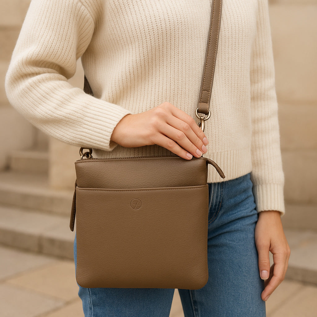 Second Nature ST31 Moss handbag with textured leather exterior and rounded top handle, showcasing stylish and functional design.