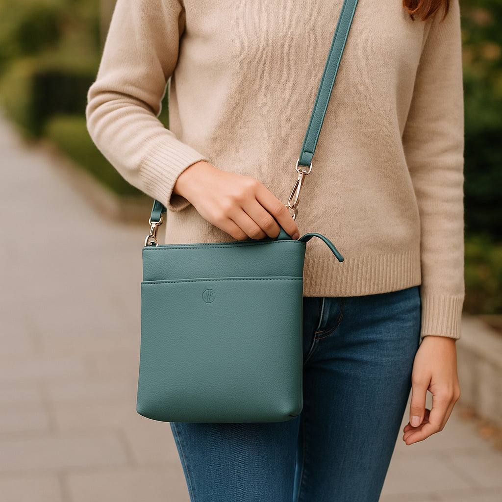 Second Nature handbag in petrol color with sleek design and structured shape, featuring handles and subtle branding.