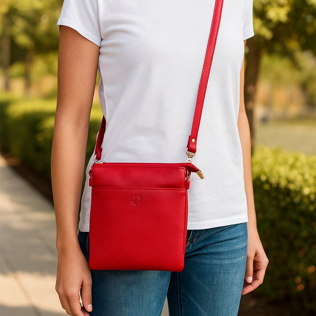 Red Second Nature ST64 handbag with sleek design, featuring sturdy handles and stylish details.