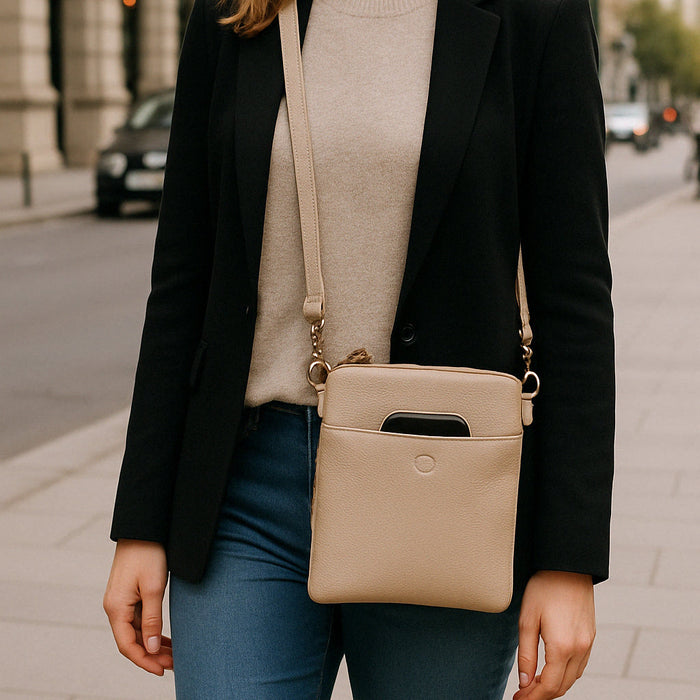 Second Nature ST64 Wild Oat handbag with textured leather exterior and gold hardware, showcasing a stylish and versatile accessory.