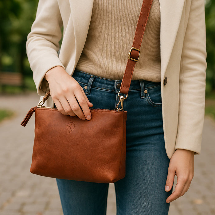 Tan leather handbag by Second Nature with sleek design and structured shape, featuring top handles and subtle branding.